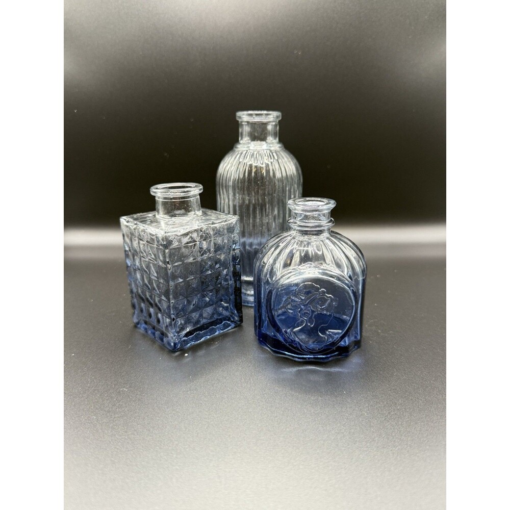 Lot Of 3 Vintage Style Blue Glass Bud Vases Bottles Shabby Chic Cottagecore